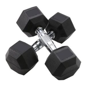 Black rubber hex dumbbells